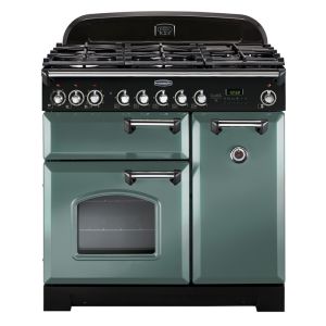 Rangemaster CDL90DFFMGC Classic Deluxe 90cm Dual Fuel Range Cooker in Mineral Green and Chrome