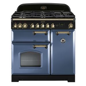 Rangemaster CDL90DFFSB/B Classic Deluxe 90cm Dual Fuel Range Cooker in Stone Blue and Brass