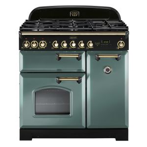 Rangemaster CDL90DFFMG/B Classic Deluxe 90cm Dual Fuel Range Cooker in Mineral Green and Brass