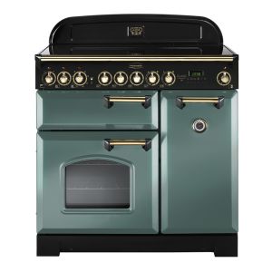 Rangemaster CDL90ECMG/B Classic Deluxe 90cm Ceramic Range Cooker in Mineral Green and Brass