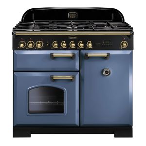 Rangemaster CDL100DFFSB/B Classic Deluxe 100cm Dual Fuel Range Cooker in Stone Blue and Brass