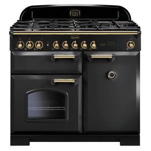 Rangemaster CDL100DFFCB/B Classic Deluxe 100cm Dual Fuel Range Cooker in Charcoal Black and Brass