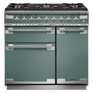 Rangemaster ELS90DFFMG Elise 90cm Dual Fuel Range Cooker in Mineral Green and Brushed Nickel