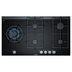 Siemens ER9A6SB70 iQ700 90cm 5 Burner StepFlame Gas on Glass Hob in Black Ceramic with Steel Trim